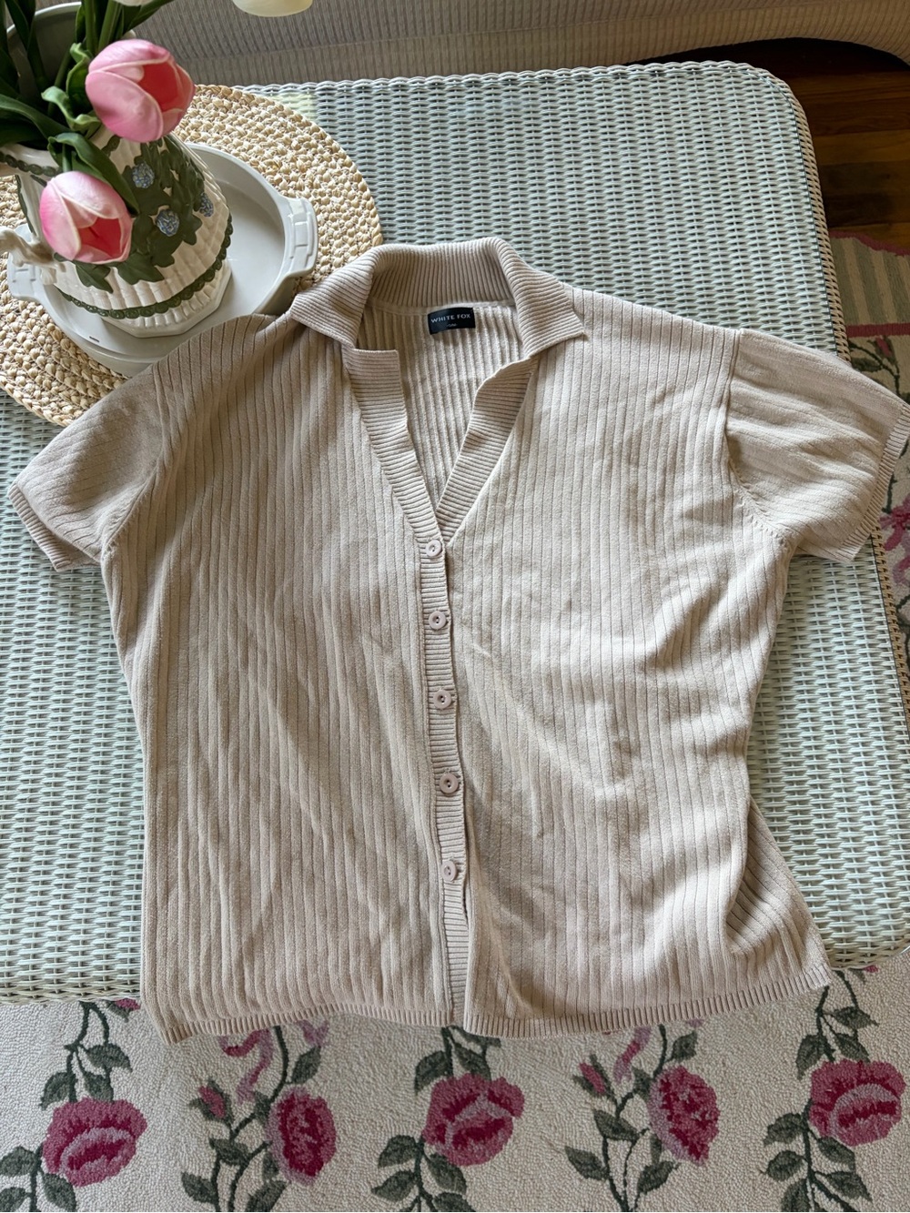 White Fox Boutique Short Sleeve Ribbed Button-Down Top - Cream